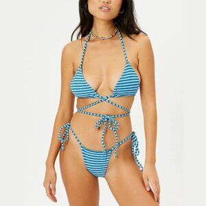 Frankies Bikinis Striped Terry Triangle String Bikini Set - Medium - NWT